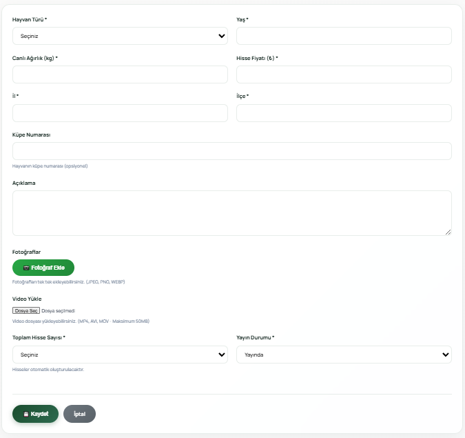 Hayvan Ekleme Ekranı
